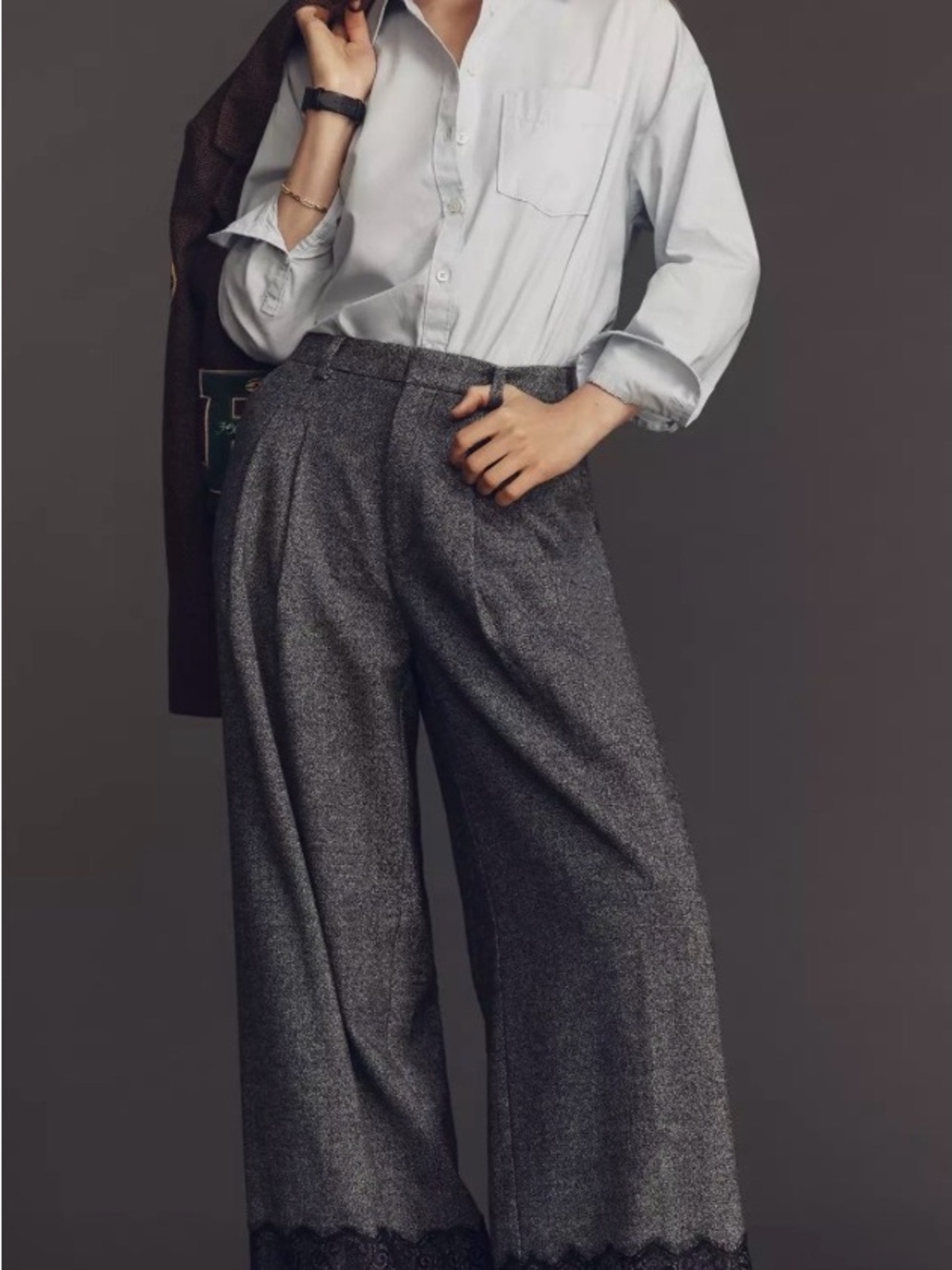 Anthropologie Gray Wide-Leg Boot Cut Pants with Lace Trim